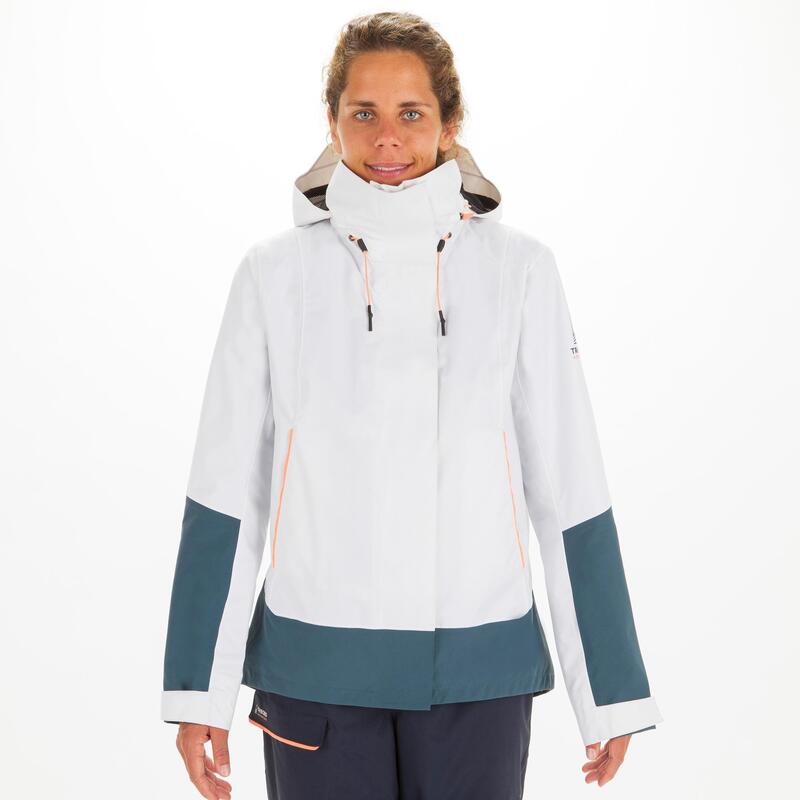 Regenjacke Segeln Damen wasserdicht winddicht 300 weiss/grau