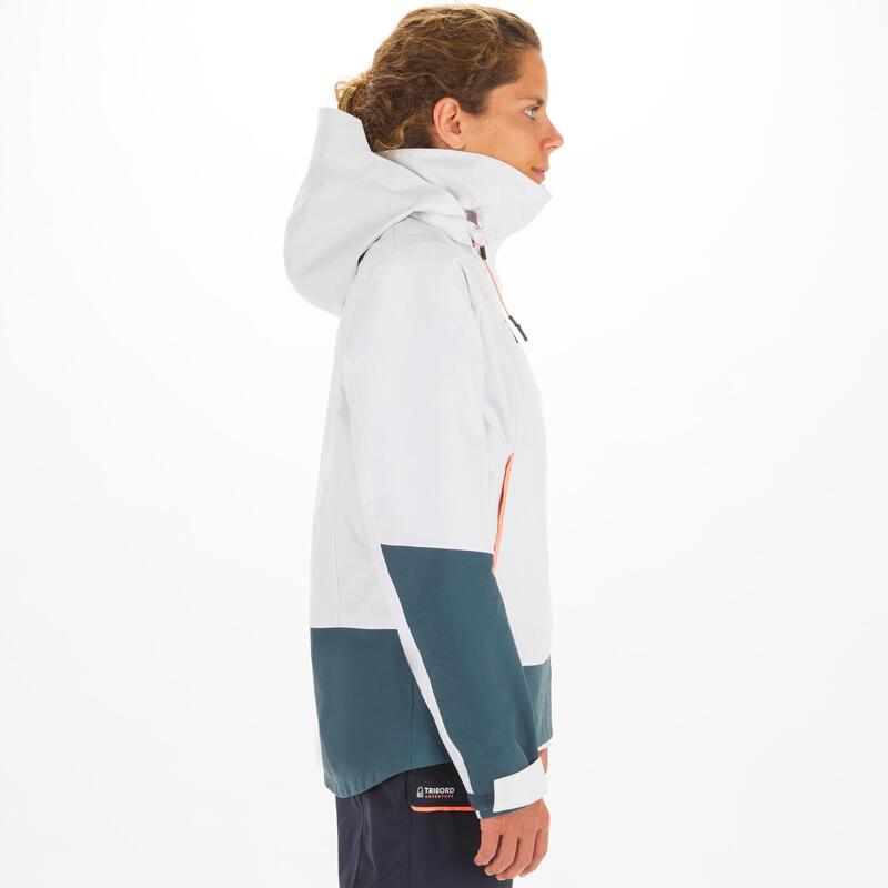 Regenjacke Segeln Damen wasserdicht winddicht 300 weiss/grau