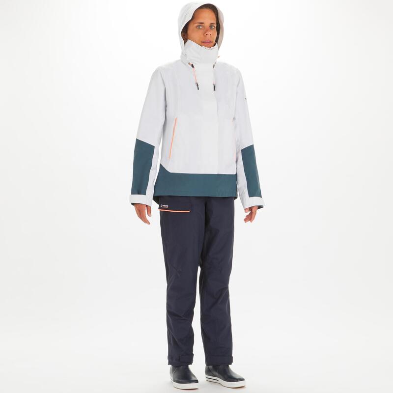 Regenjacke Segeln Damen wasserdicht winddicht 300 weiss/grau