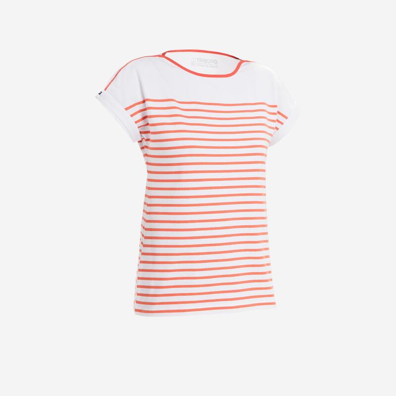 Camiseta Manga Corta Vela Sailing 100 Mujer Blanco Rojo Estilo Marinero
