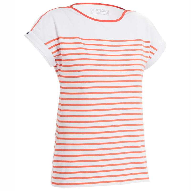 T-Shirt Manches courtes - marinière de voile Sailing 100 Femme Blanc rouge
