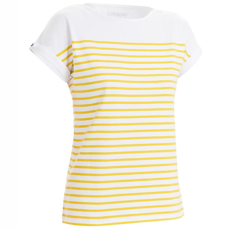 Camiseta Manga Corta Vela Sailing 100 Mujer Blanco Amarillo Estilo Marinero