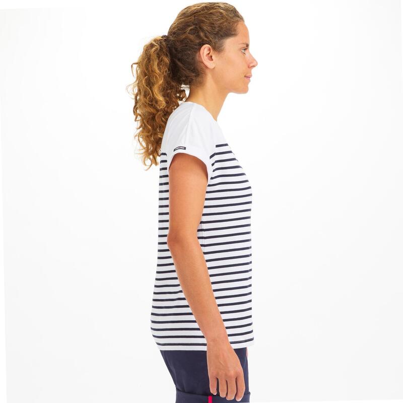 T-Shirt Manches courtes - marinière de voile Sailing 100 Femme Blanc bleu marine