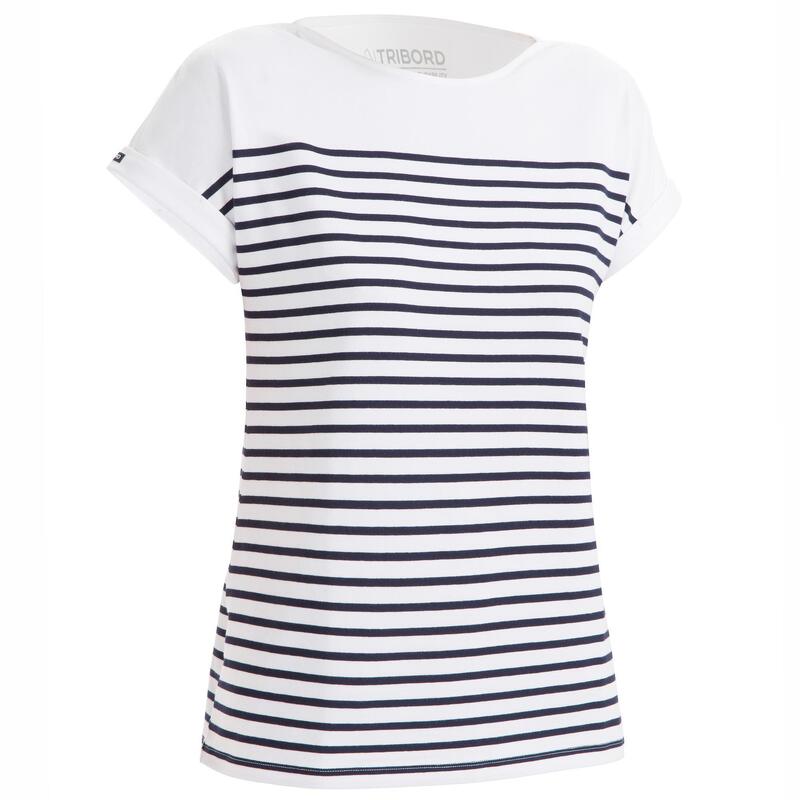 Streepjes T-shirt voor dames Sailing 100 korte mouwen wit/marineblauw