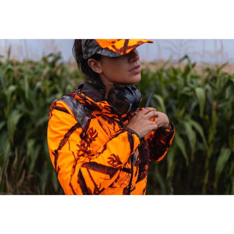 Jagdjacke Regenjacke 500 Damen geräuscharm camouflage/orange 