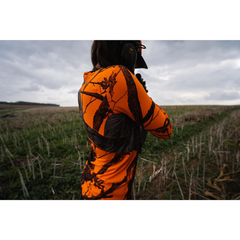 Jagdshirt langarm 500 Damen geräuscharm atmungsaktiv camouflage/orange 