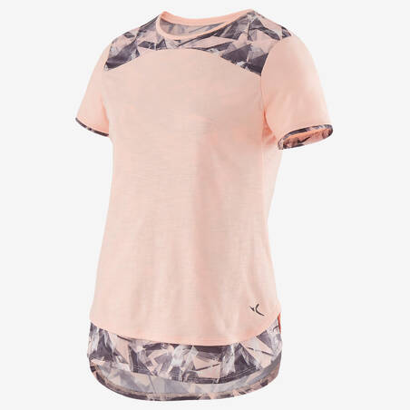 T-Shirt Gym Lengan Pendek Katun Berpori Perempuan S500 - Heathered Pink AOP