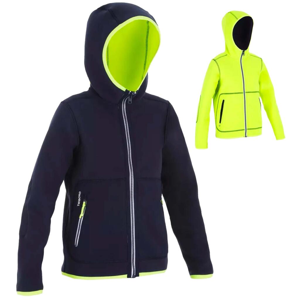 Kids’ Sailing fleece jacket, warm and reversible, 500, navy blue/neon yellow