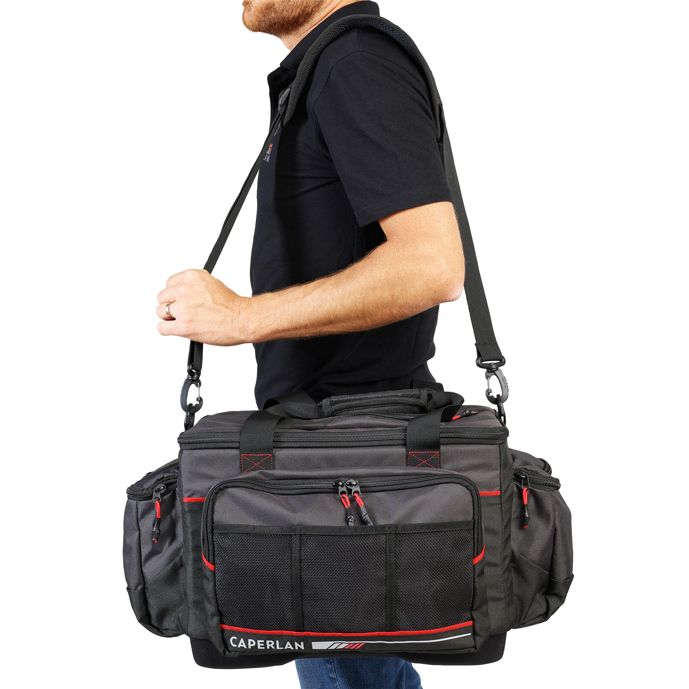 STORAGE AND TRANSPORT BAG 31L FOR FISHING BAIT, BLACK/RED 13/15
