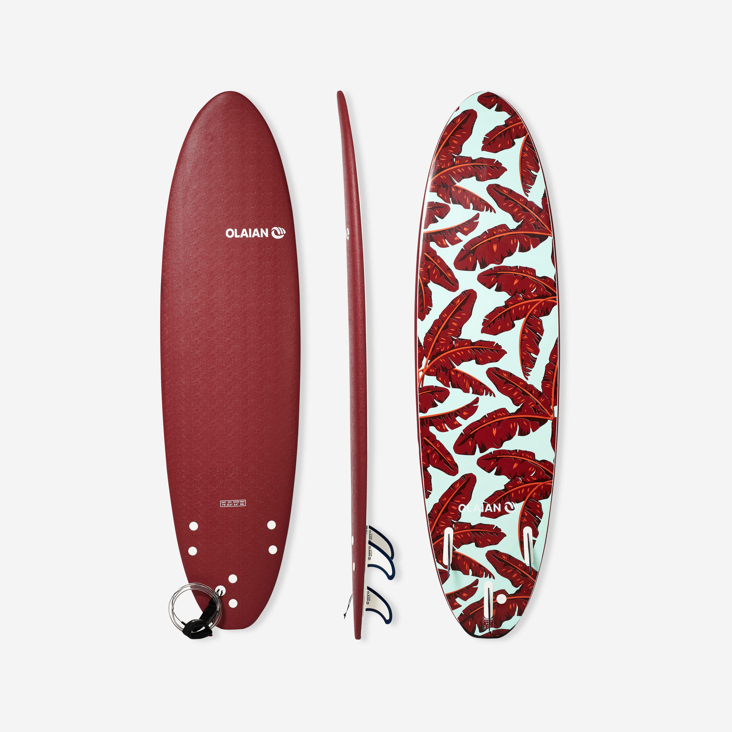 FOAM SURFBOARD 500 7'. Supplied with a leash and 3 fins.