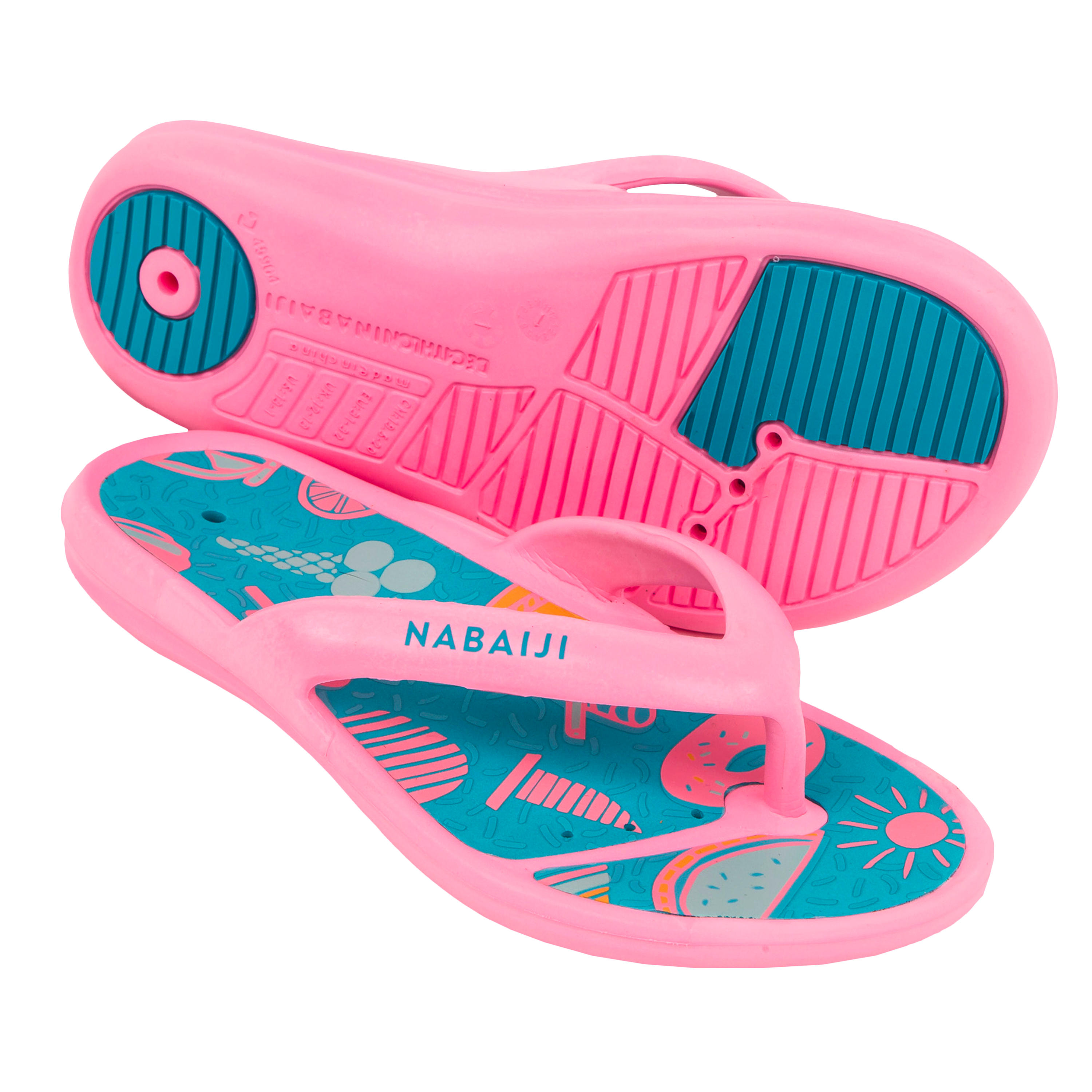 Kids Pool Flip-flops- Tonga 500 Print- Beach Pink 1/5