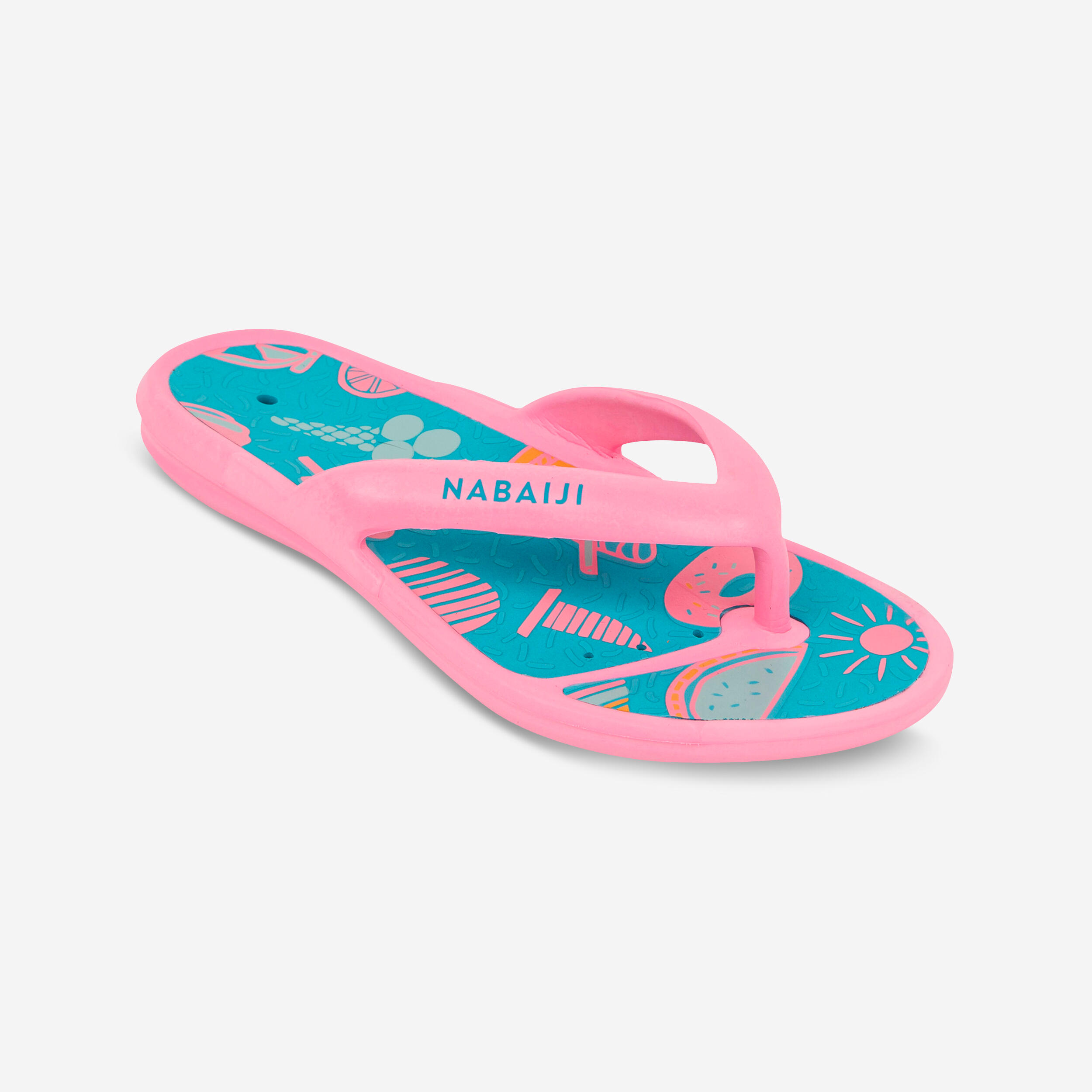 Kids Pool Flip-flops- Tonga 500 Print- Beach Pink 4/5