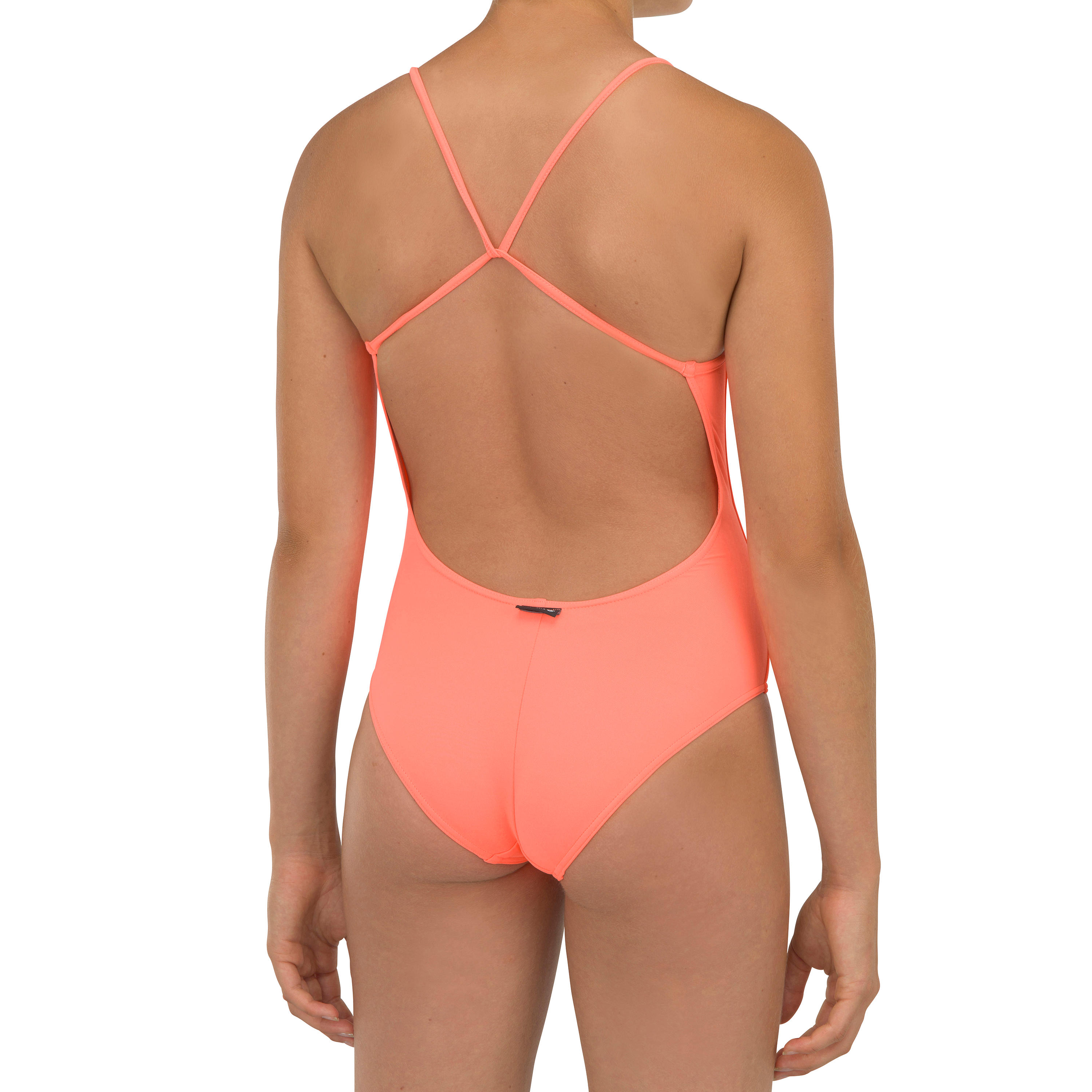 GIRL'S ONE-PIECE SWIMSUIT 100 CORAL 3/4