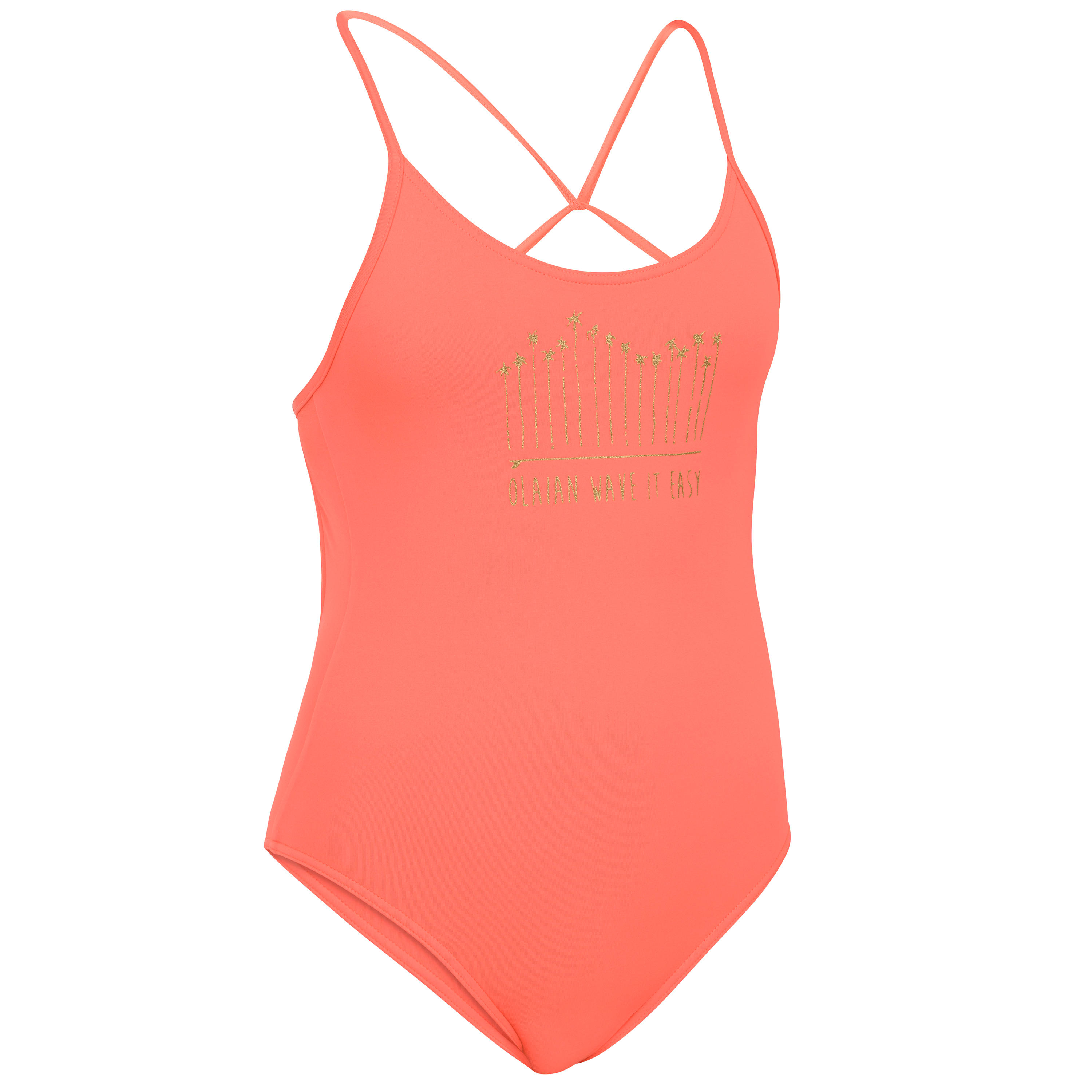 GIRL'S ONE-PIECE SWIMSUIT 100 CORAL 2/4