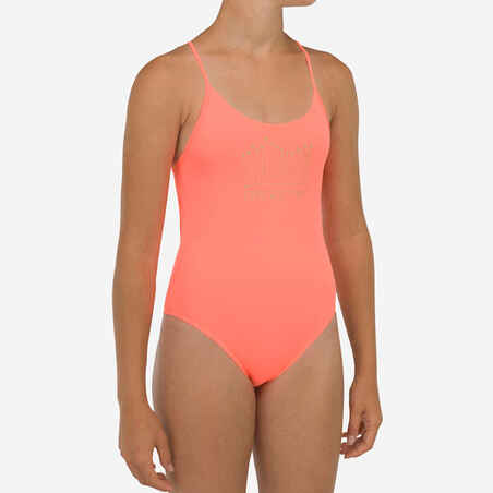 Vientisas maudymosi kostiumėlis mergaitėms „500“, koralų spalvos