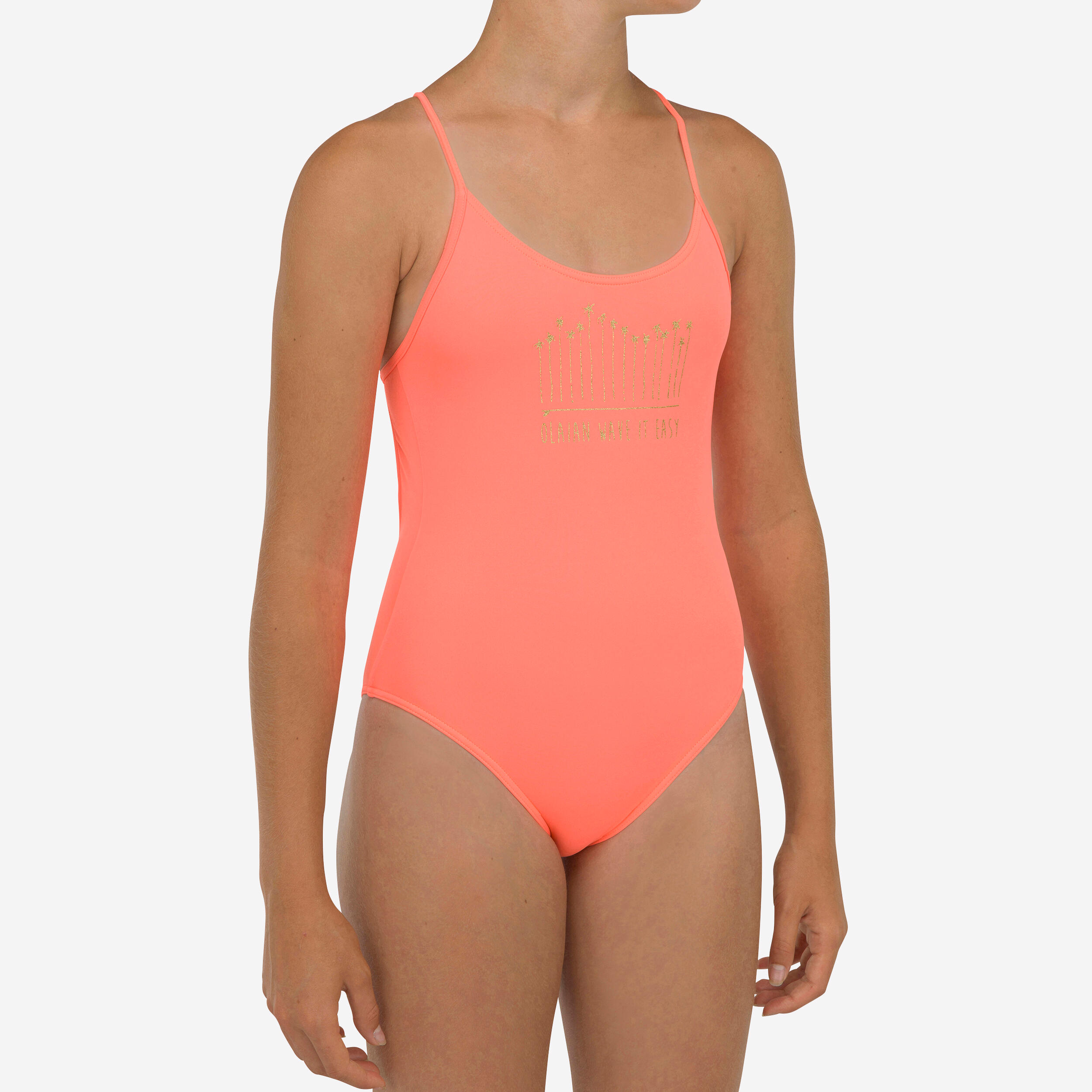 GIRL'S ONE-PIECE SWIMSUIT 100 CORAL 1/4