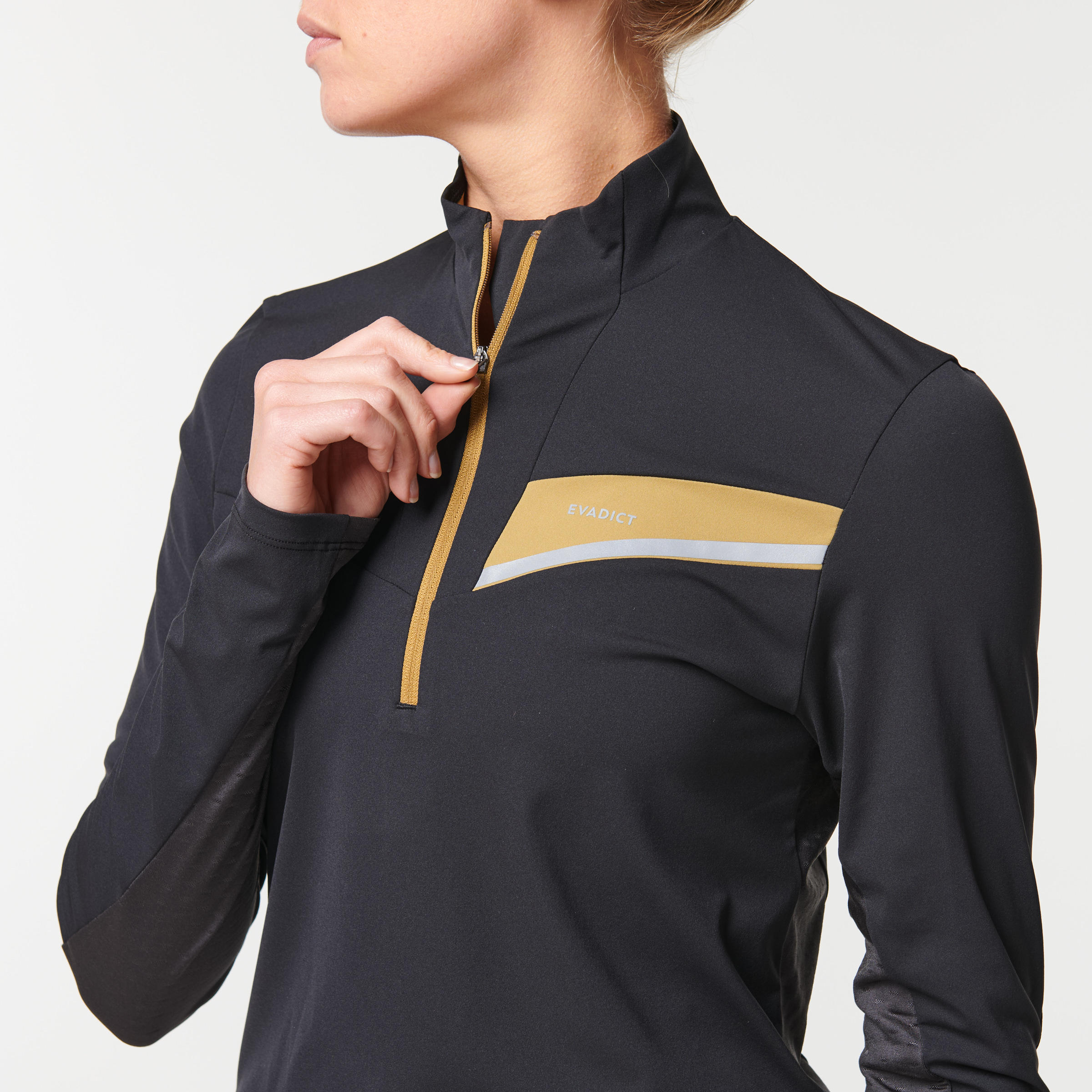 MAILLOT DE TRAIL RUNNING MANCHES LONGUES ZIP FEMME NOIR BRONZE