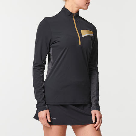 MAILLOT DE TRAIL RUNNING MANCHES LONGUES ZIP FEMME NOIR BRONZE