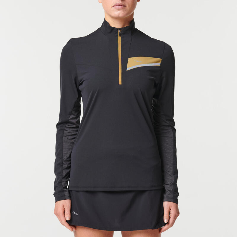 CAMISETA TRAIL RUNNING MUJER NEGRO BRONCE MANGA LARGA CREMALLERA