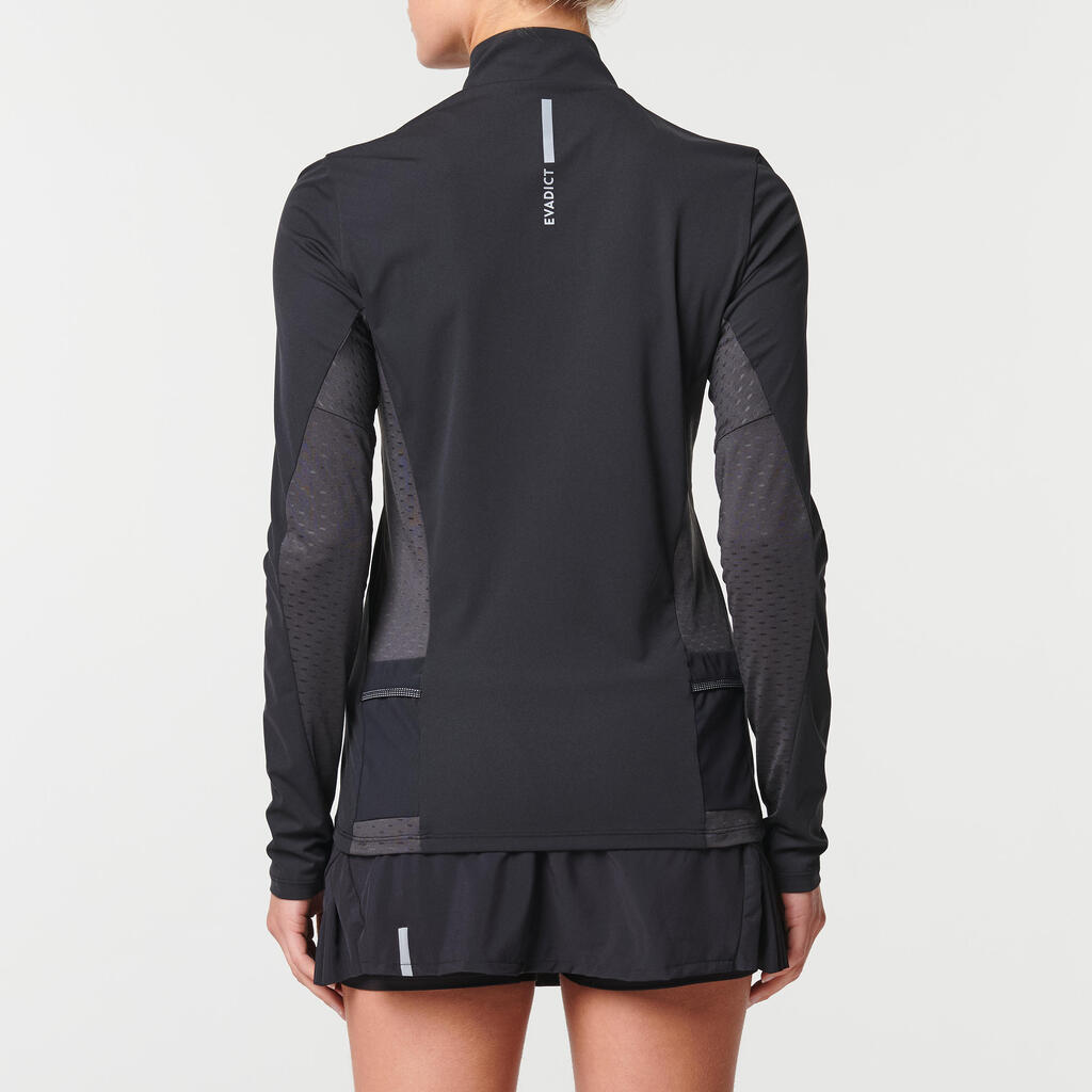 MAILLOT DE TRAIL RUNNING MANCHES LONGUES ZIP FEMME NOIR BRONZE