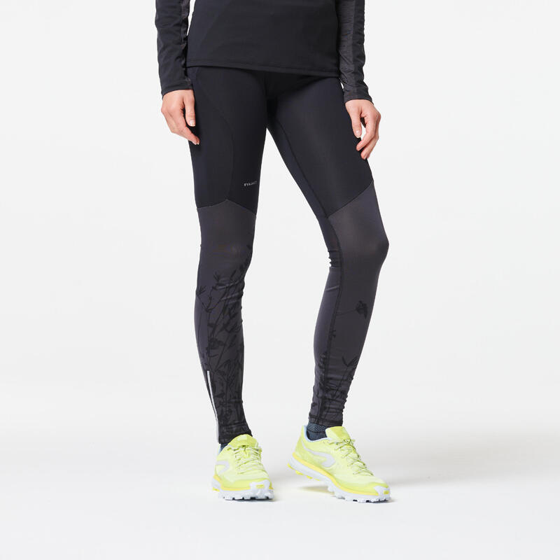 Mallas Largas Trail Running Mujer Negro Gris Flores