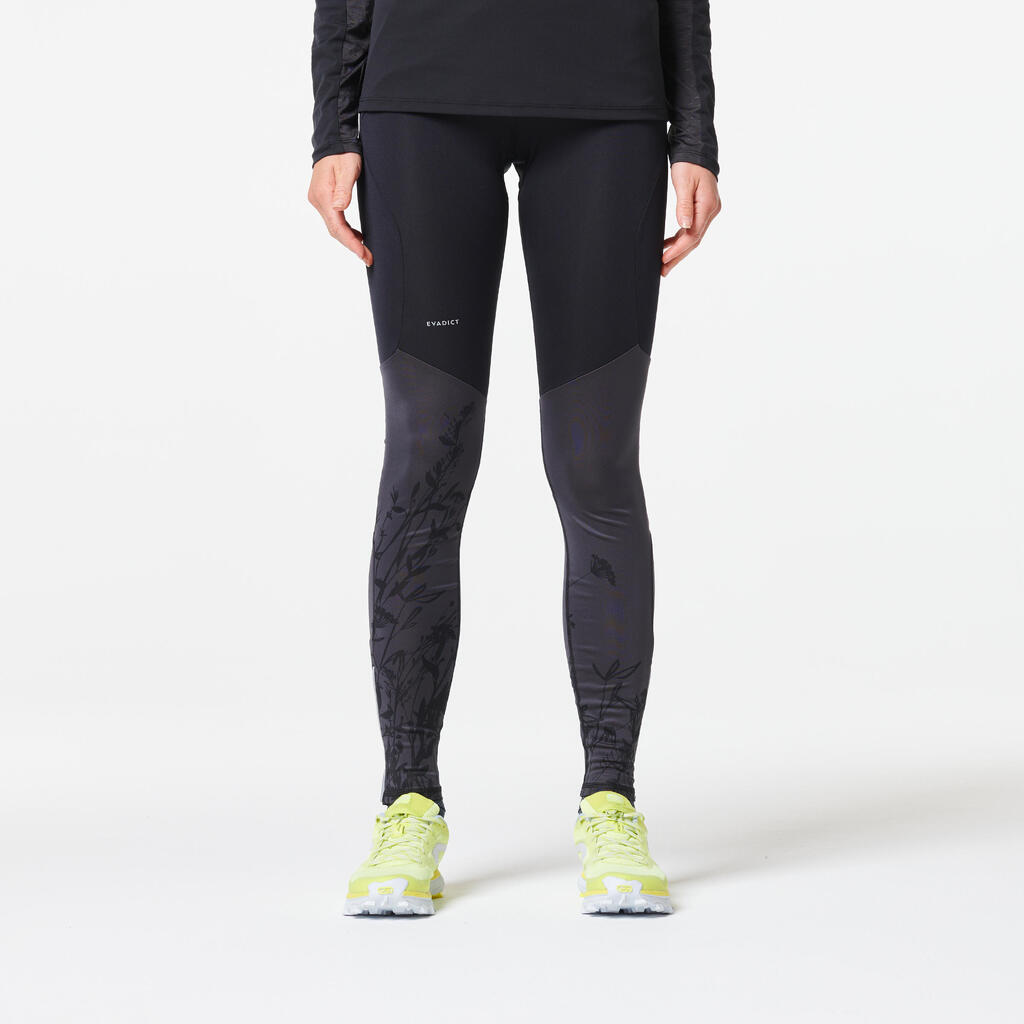 Collant trail running femme noir gris fleurs