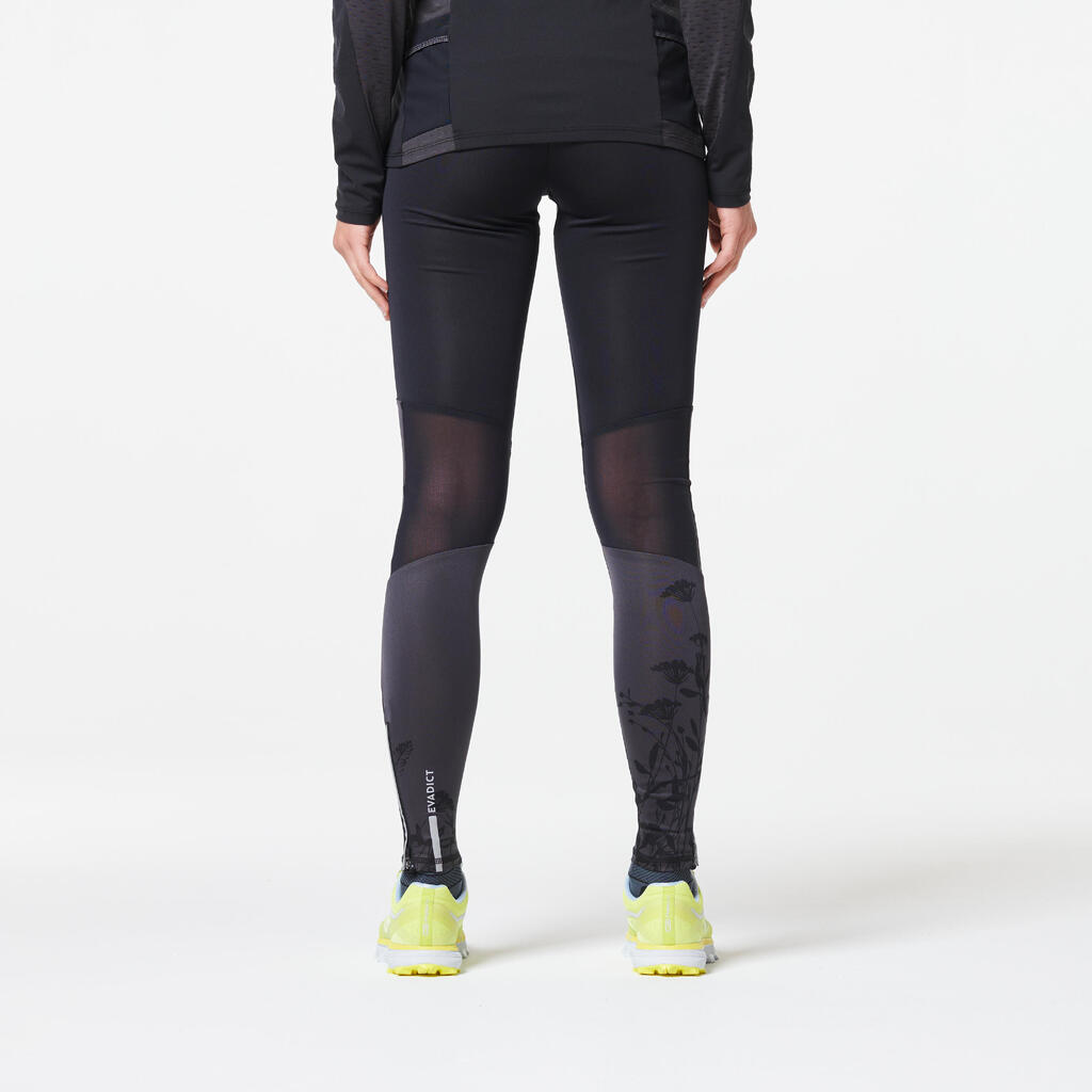 Collant trail running femme noir gris fleurs
