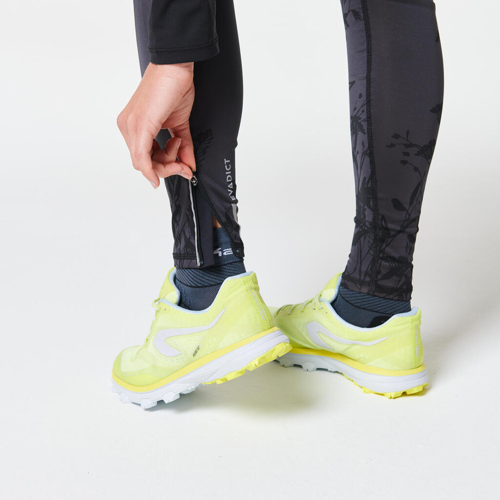 Collant trail running femme noir gris fleurs