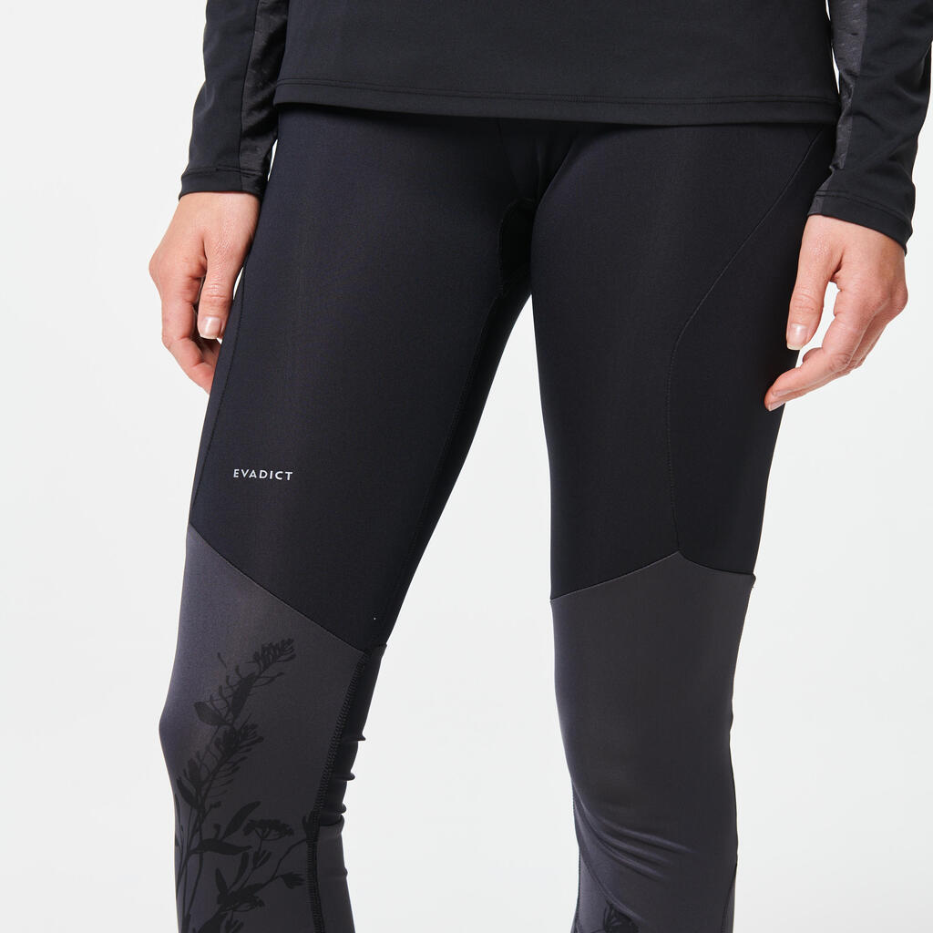 Collant trail running femme noir gris fleurs
