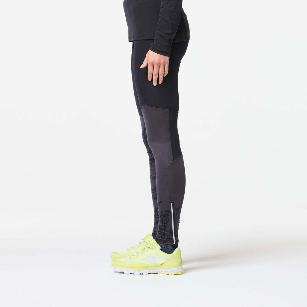 Collant trail running femme noir gris fleurs
