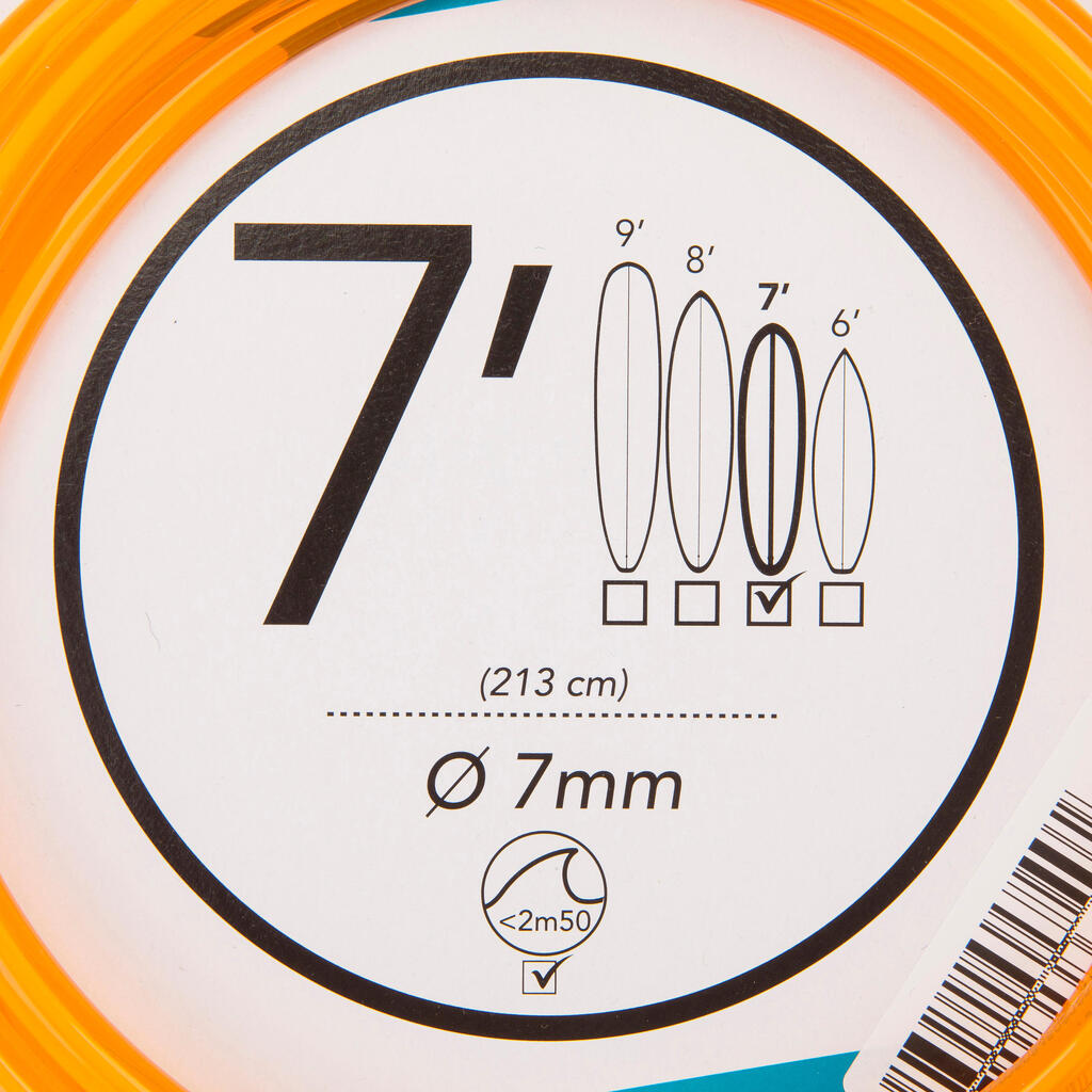КАИШКА ЗА СЪРФ 7' (210 СМ) ДИАМЕТЪР 7 ММ, ОРАНЖЕВА.
