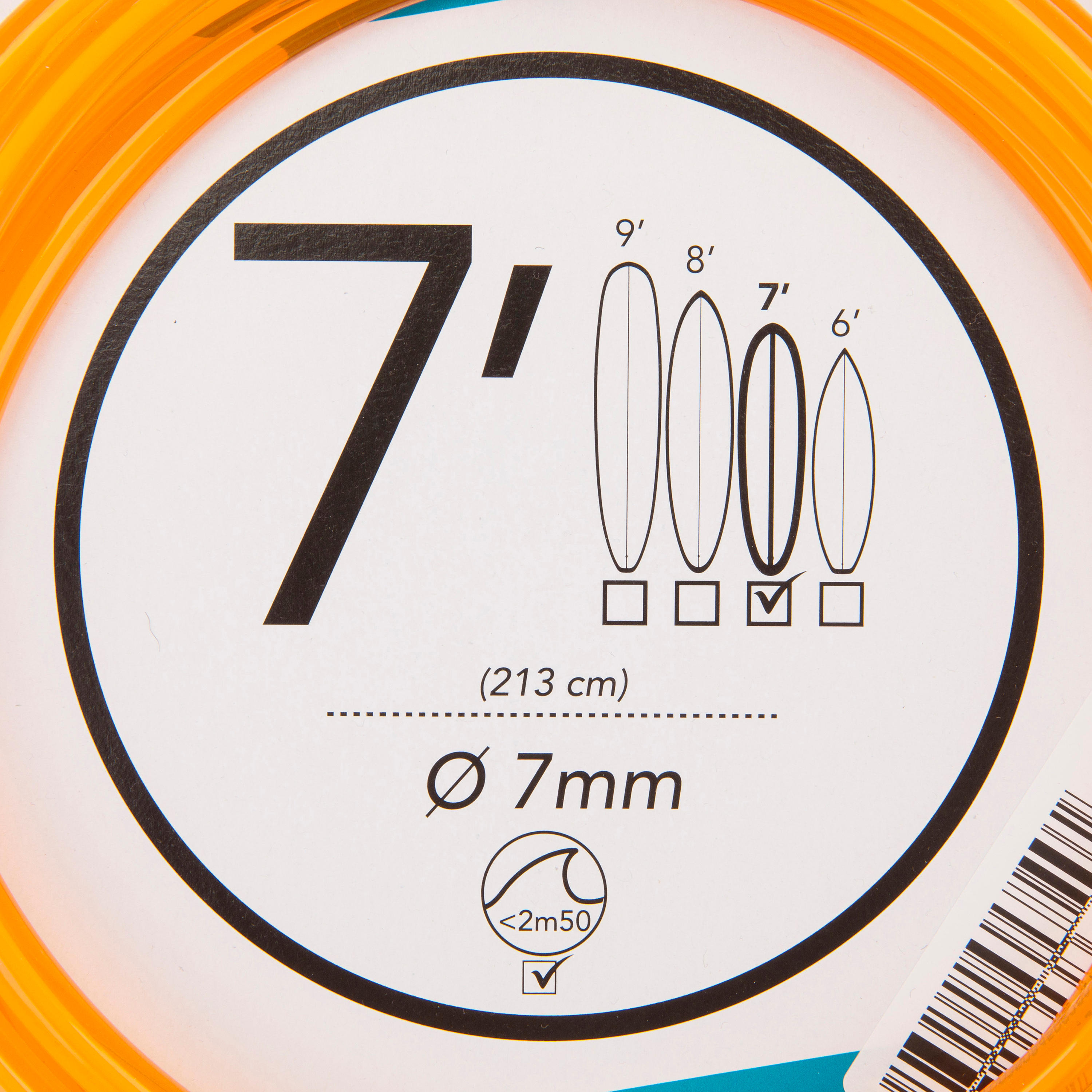 7 mm Diameter Surfboard Leash 7' (210 cm) - Orange. 3/8