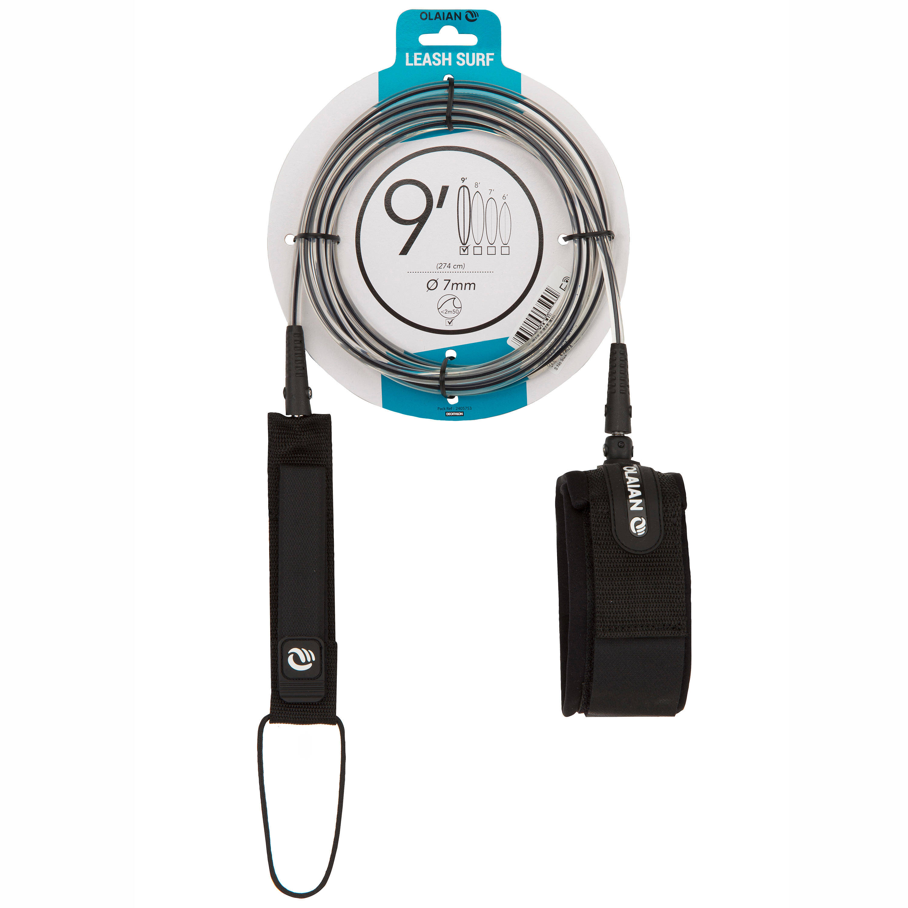 Longboard Surf Leash 9' (275 CM) - Black -  1