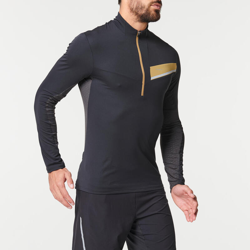 Pánské tričko s dlouhým rukávem a zipem u krku na trailový běh černo-bronzové 
