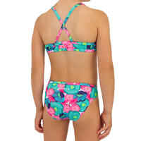 Girl’s 2-piece surf swimsuit floral with crossed straps - turquoise