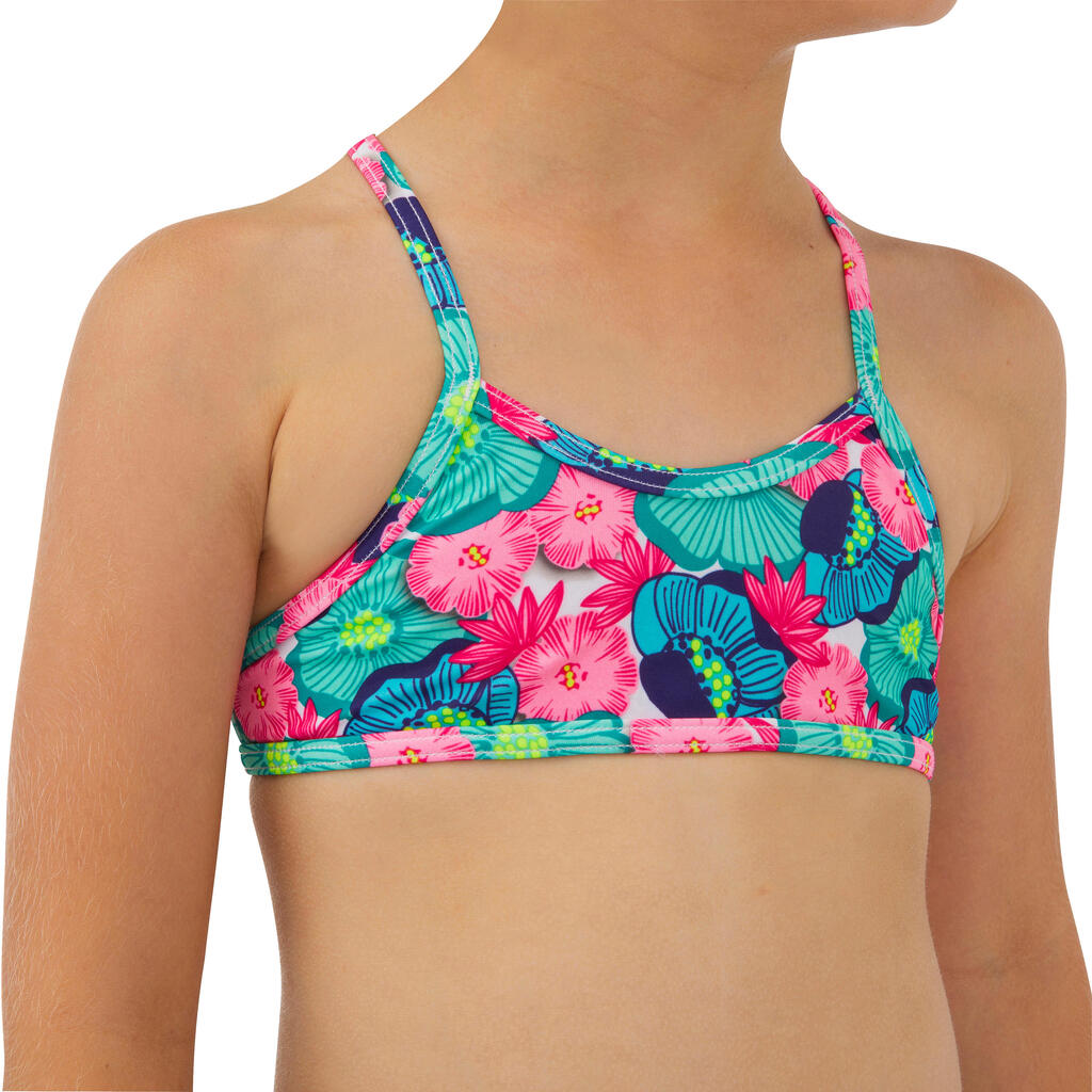 Girls’ surfing 2-piece swimsuit with crossed straps - Boni green and white
