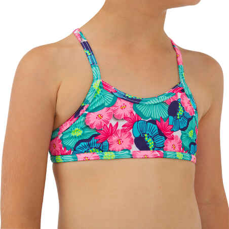 Girl’s 2-piece surf swimsuit floral with crossed straps - turquoise