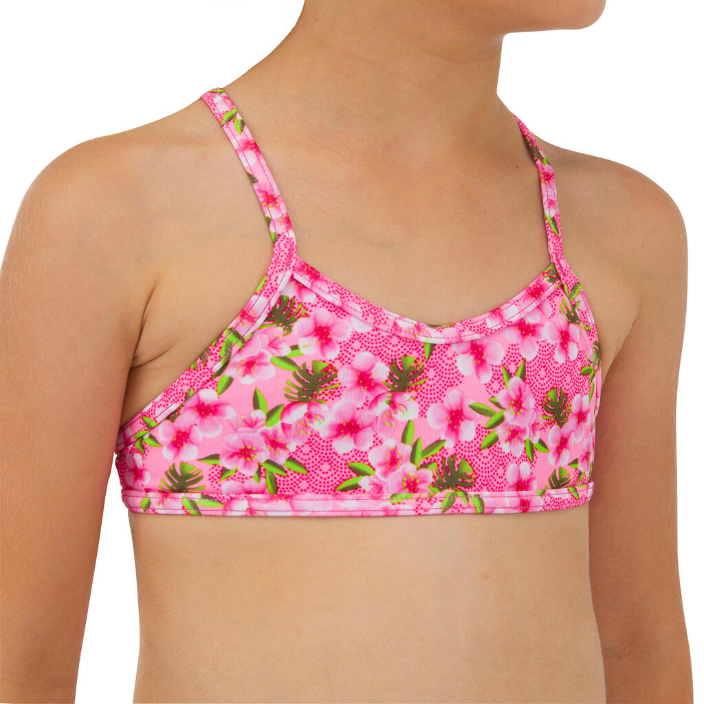 Maillot 2 pièces surf bretelles croisées fille - Boni vert et blanc