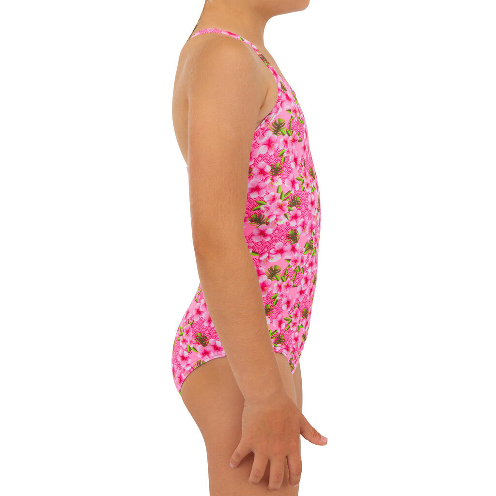 Girl's 1-piece striped swimsuit - 100 Hanalei blue pink