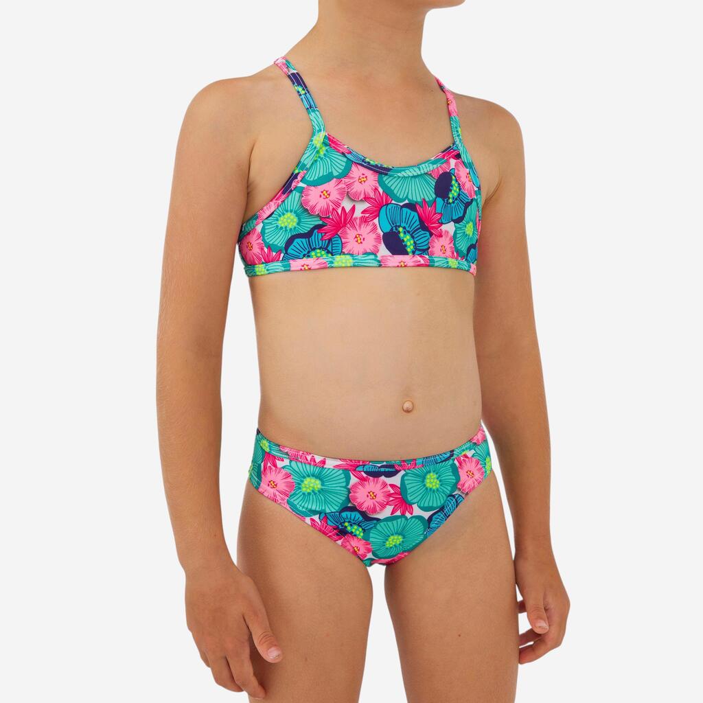 Girl’s 2-piece surf swimsuit floral with crossed straps - turquoise