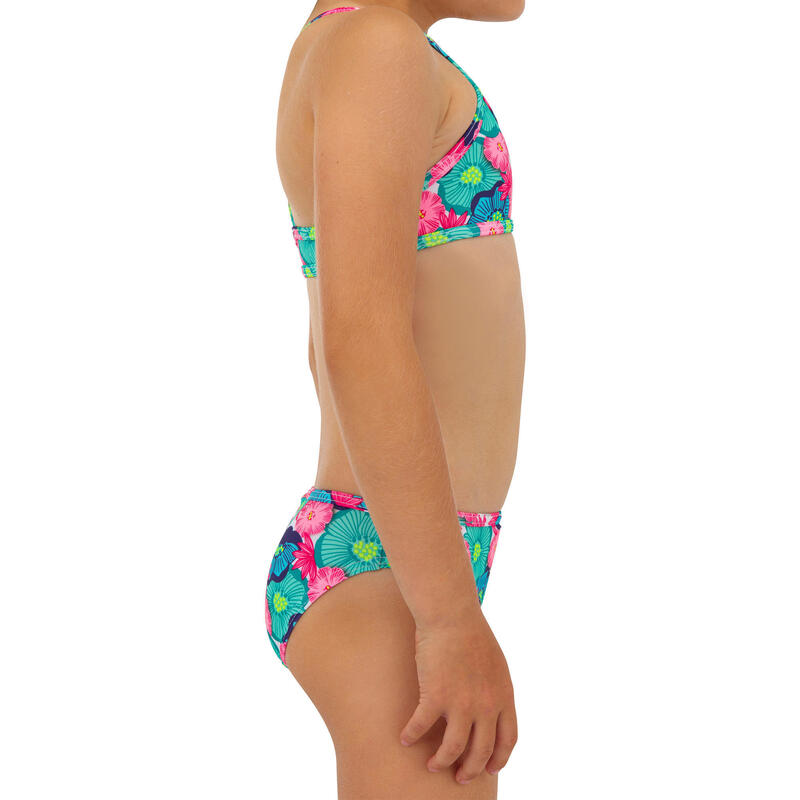 Bikini voor surfen meisjes gekruiste bandjes bloemen turquoise