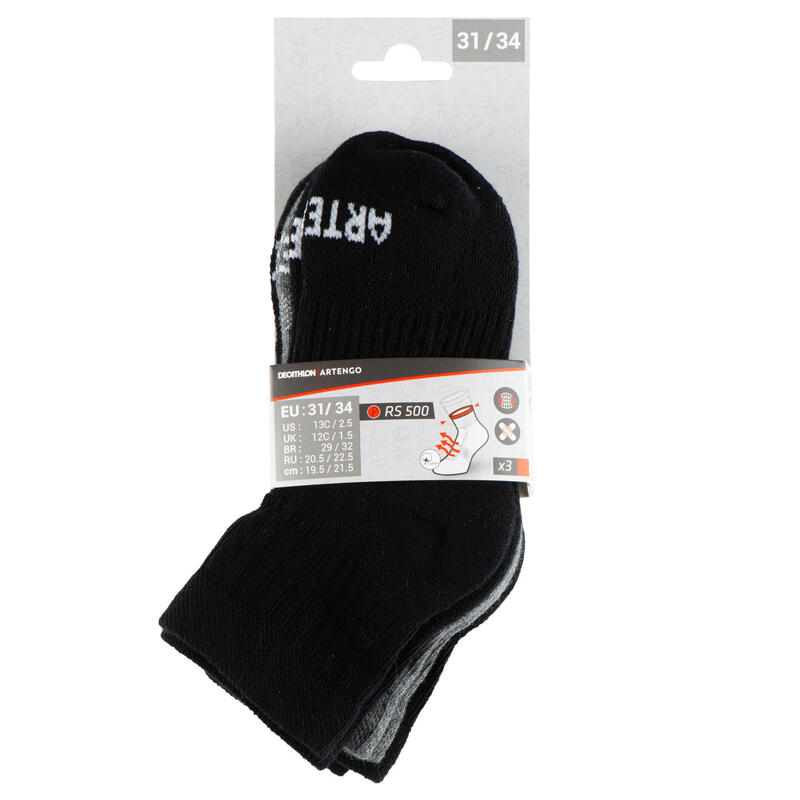 CHAUSSETTES DE SPORT ENFANT MI-HAUTES ARTENGO RS 500 NOIR GRIS LOT DE 3