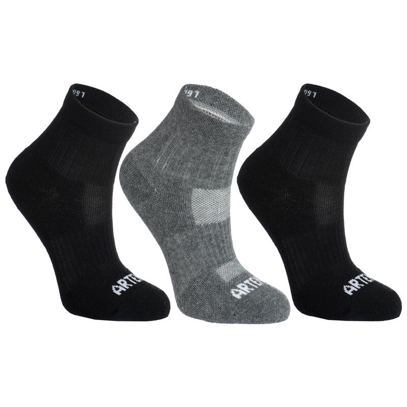 CHAUSSETTES DE SPORT ENFANT MI-HAUTES ARTENGO RS 500 NOIR GRIS LOT DE 3