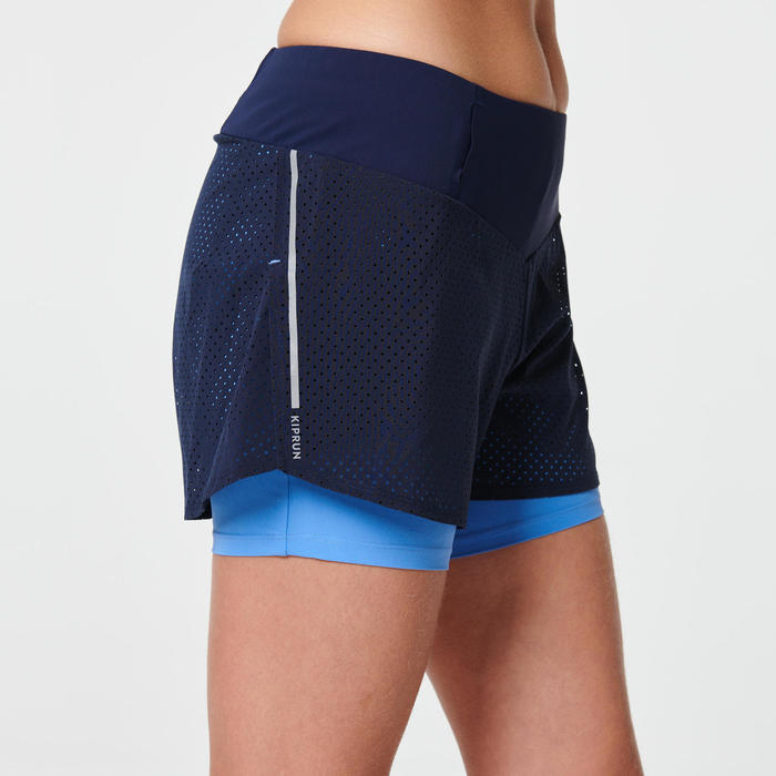 SHORT RUNNING FEMME AVEC CUISSARD INTÉGRÉ 2 EN 1 KIPRUN BLEU Kalenji