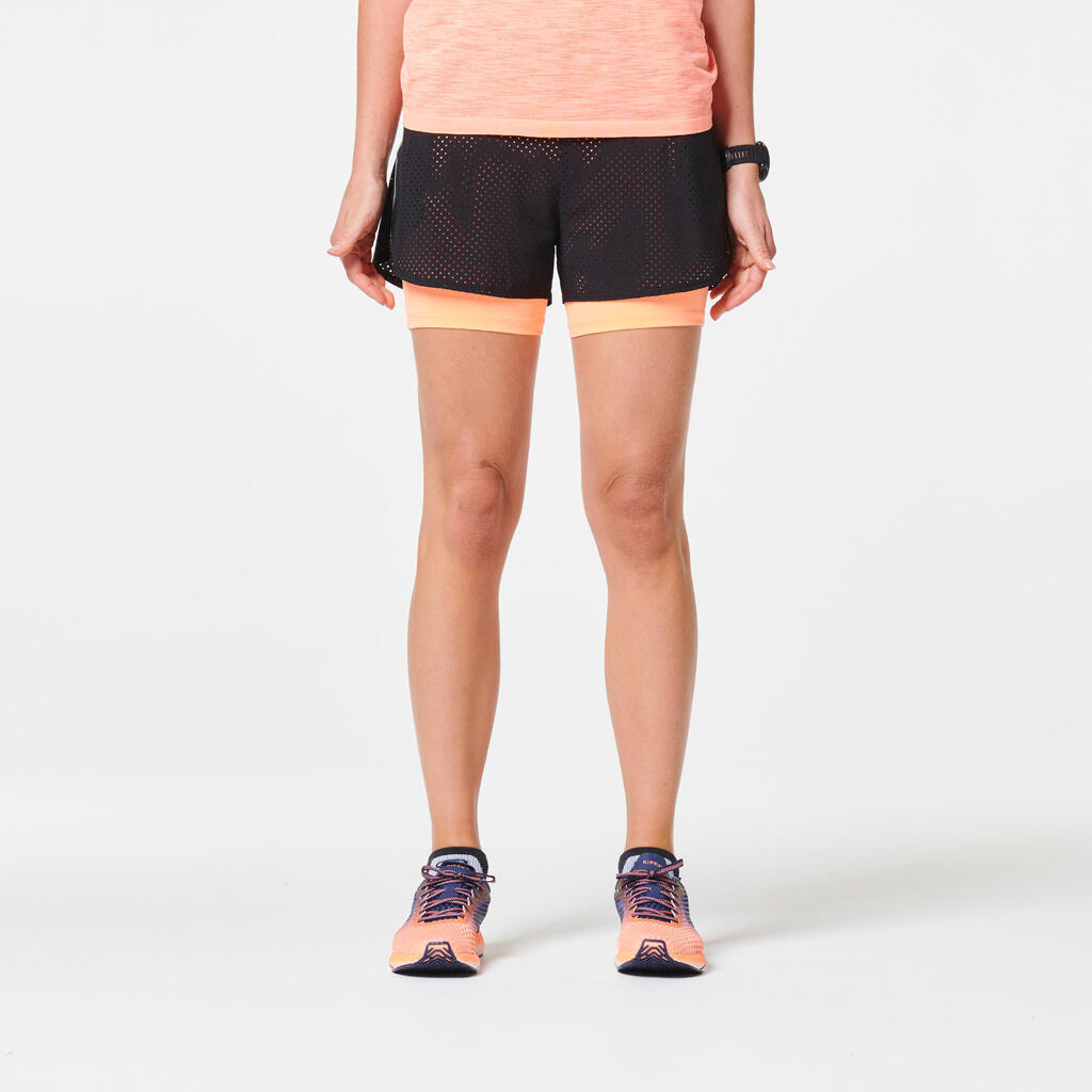 Women's Running 2-in-1 Breathable Shorts Run 500 Comfort - black coral