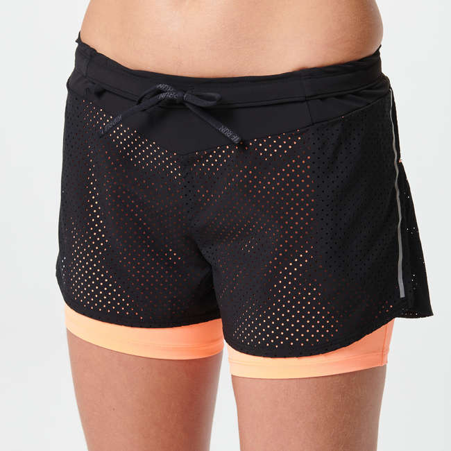Laufshorts Kiprun mit integrierten Tights 2 in 1 Damen schwarz/koralle KIPRUN...