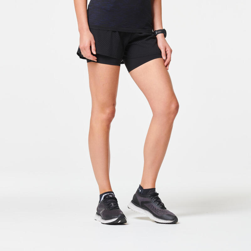 Short 2 en 1 running transpirable mujer - KIPRUN Run 500 Confort negro 