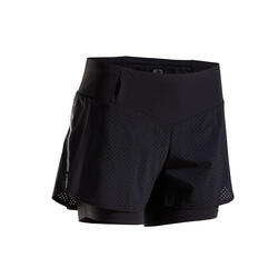 KIPRUN WOMEN'S 2-IN-1 RUNNING SHORTS WITH BUILT-IN TIGHT SHORTS - BLACK