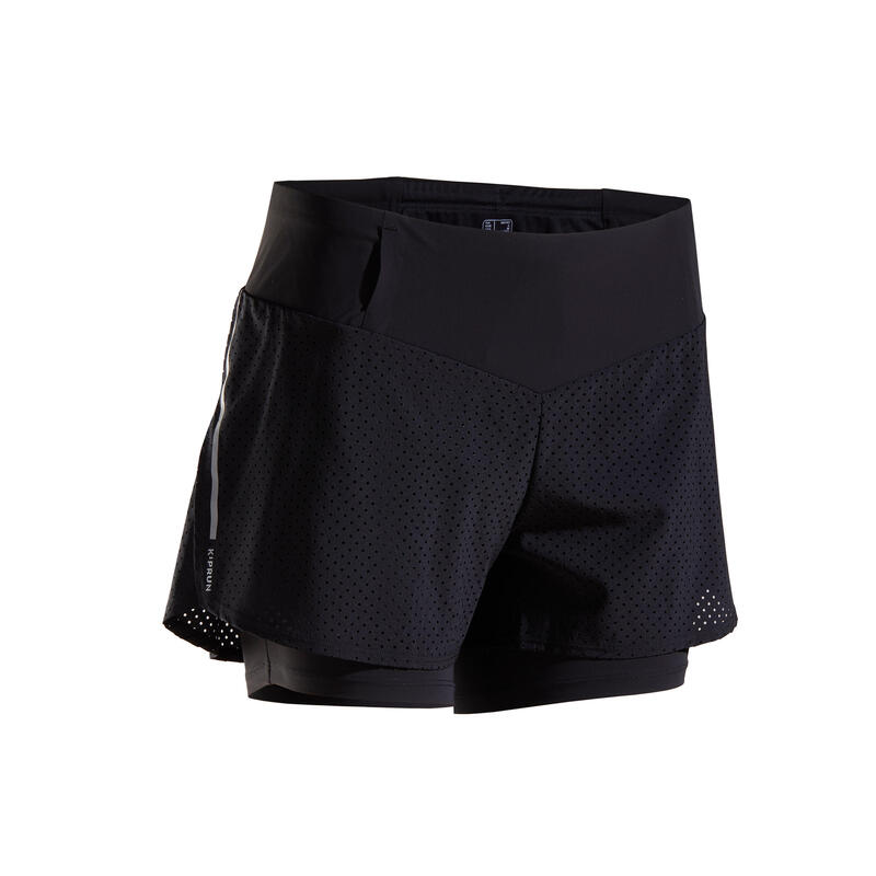 Short 2 en 1 running transpirable mujer - KIPRUN Run 500 Confort negro 