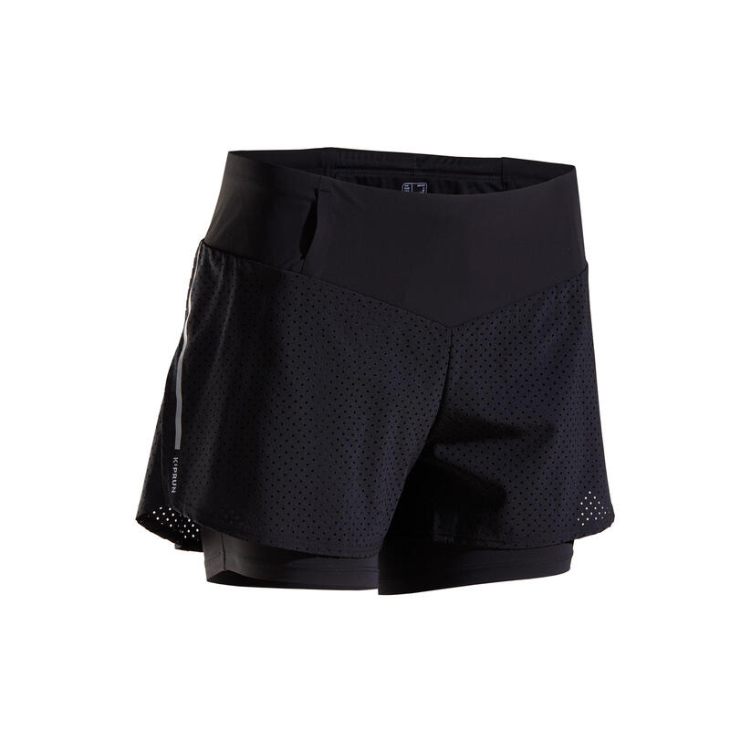 Short pantalón corto running 2 en 1 con mallas Mujer Kiprun negro
